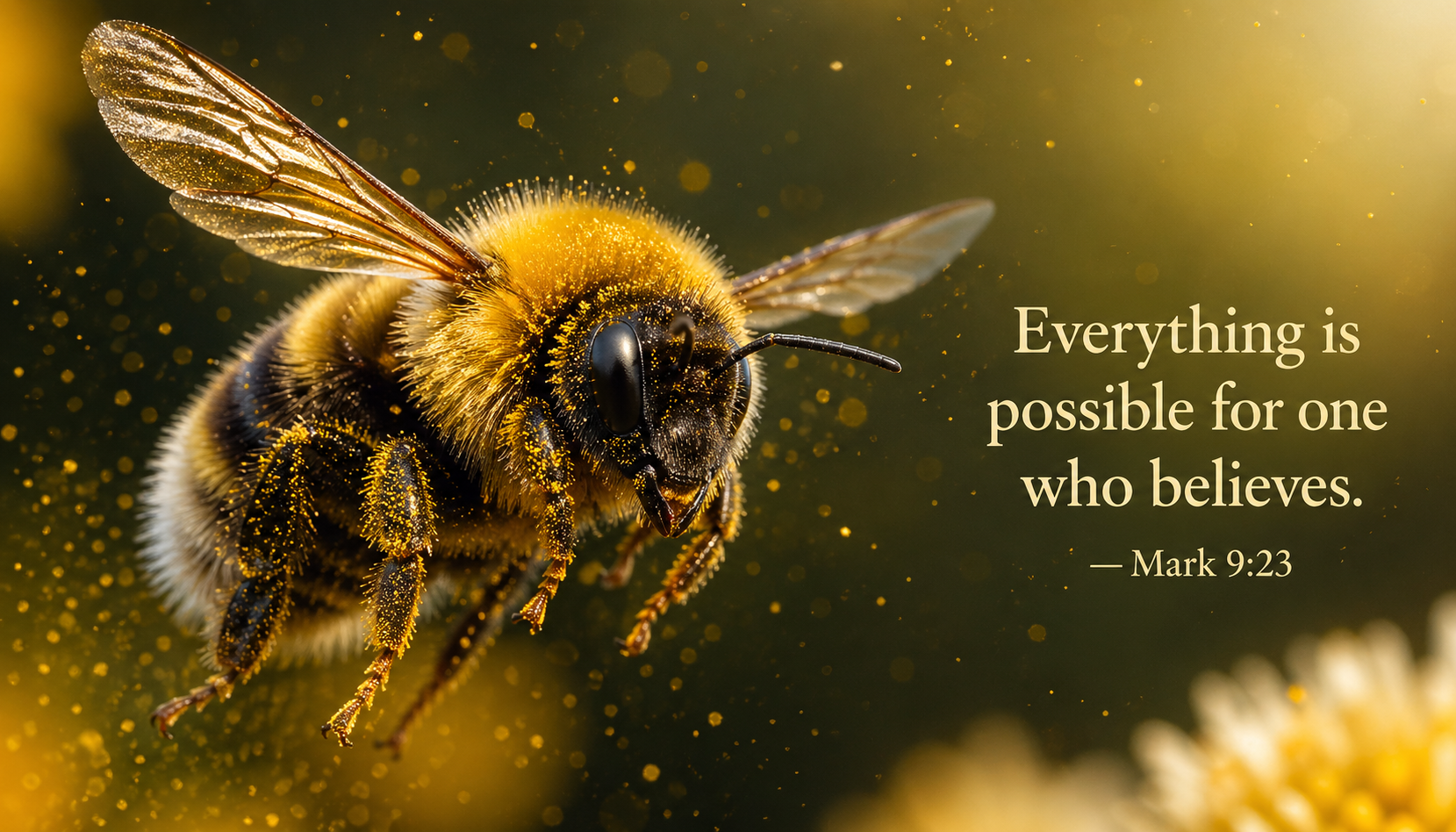 Bumblebee in flight with golden pollen on its body in macro shot with Mark 9:23 verse about everything being possible for one who believes